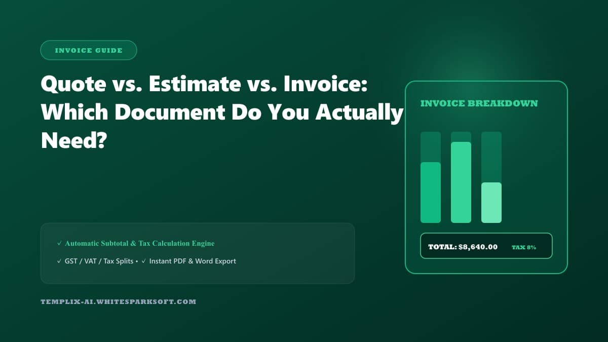 Quote vs. Estimate vs. Invoice: Which Document Do You Actually Need? — Templix AI guide Quote vs. Estimate vs. Invoice: Which Document Do You Actually Need? — Templix AI guide