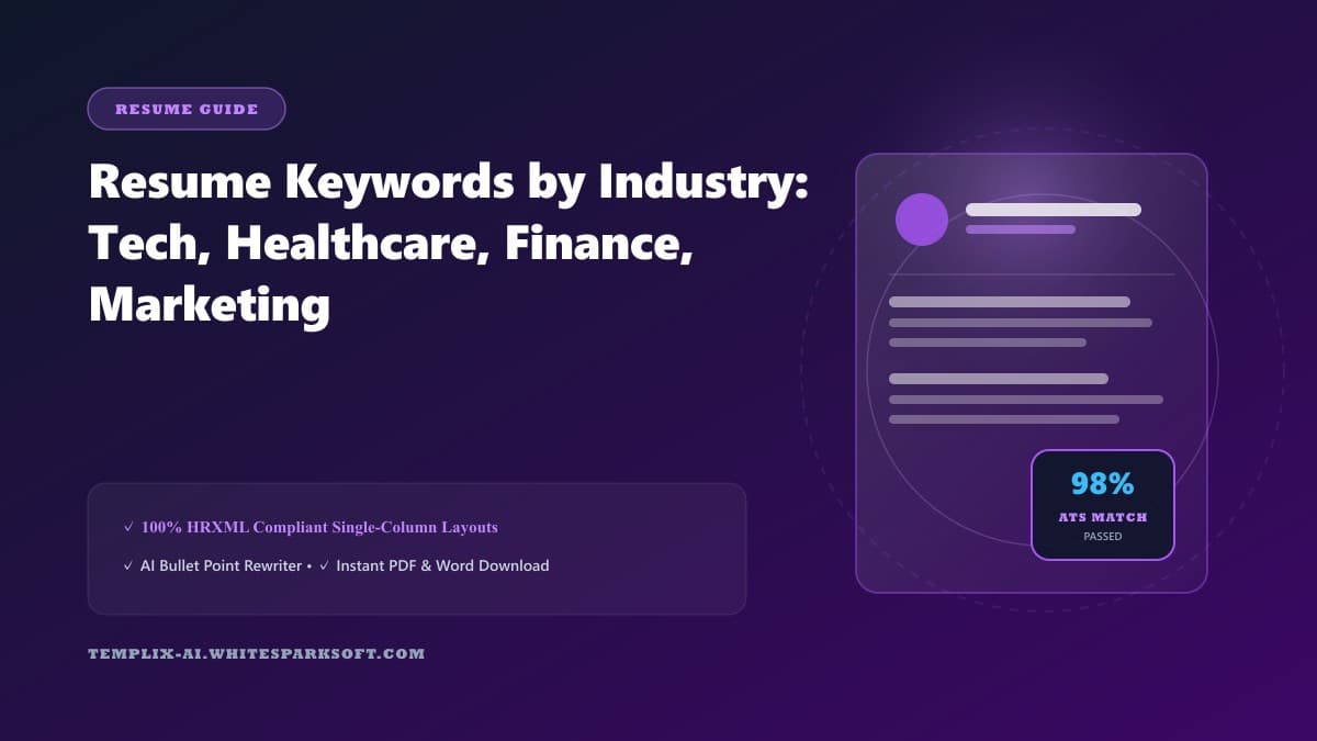 Resume Keywords by Industry: Tech, Healthcare, Finance, Marketing — Templix AI guide Resume Keywords by Industry: Tech, Healthcare, Finance, Marketing — Templix AI guide